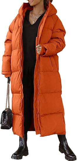 Shanfetl Women Long Quilted Coat Hooded Maxi Length Long Sleeve Puffer Jacket Padded Coat Winter Outerwear