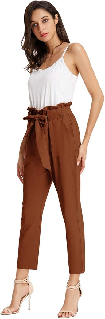 Women's Paper Bag Waist Pants Slim Fit Casual Office Pencil Pants