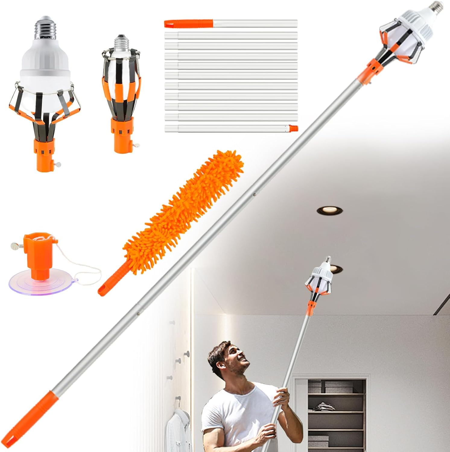 Bộ thay bóng đèn REYDELUZ 12FT cho trần nhà cao và đèn âm trần, Bộ thay bóng đèn cho trần nhà cao, Bộ thay bóng đèn có giỏ và cốc hút, Dụng cụ tháo bóng đèn