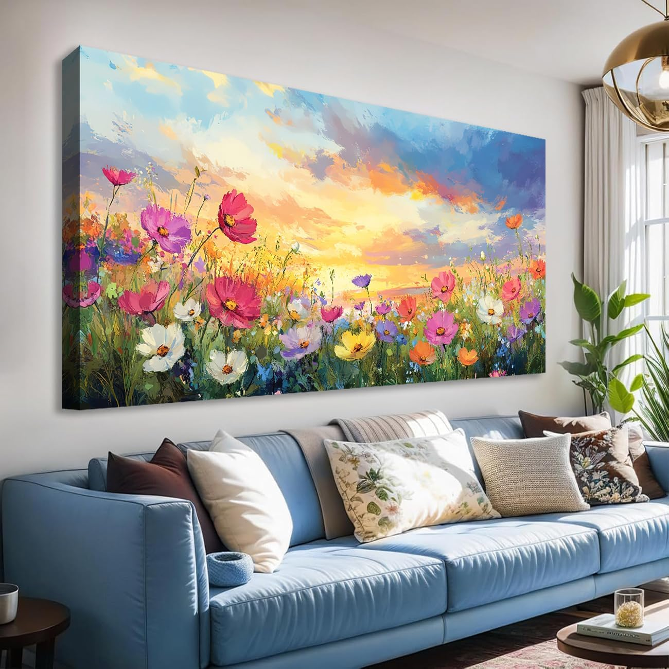 LXART Nghệ thuật treo tường Trang trí Hoa dại Đồng cỏ Canvas Nghệ thuật treo tường cho Phòng khách Tranh phong cảnh hoàng hôn In họa tiết hoa nhiều màu Trang trí nhà Phòng ngủ Văn phòng 20" x 40"