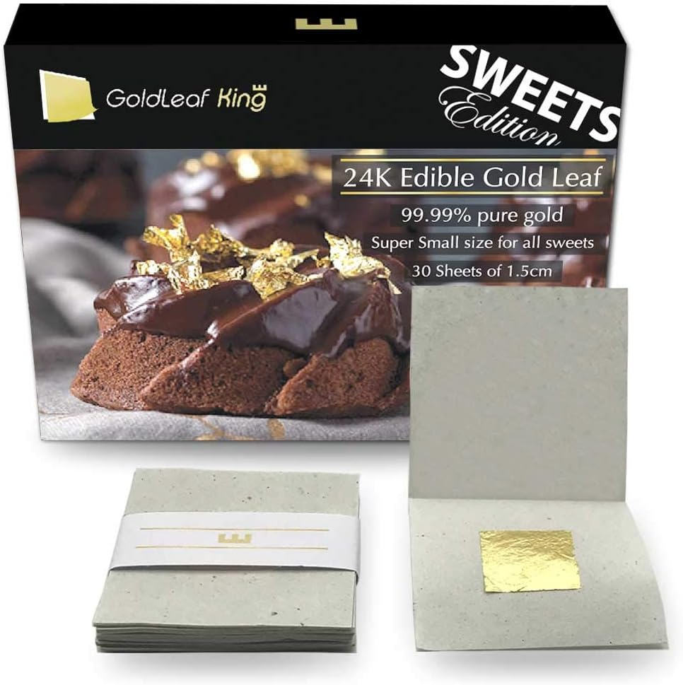 Bộ sản phẩm siêu nhỏ Lá vàng 24k ăn được - 30 tờ x 0,6” | Phiên bản đồ ngọt - Nhỏ cho tất cả đồ ngọt | đồ trang trí bánh ăn được, lá vàng | GoldleafKing | + Tặng 3 lá bạc ăn được