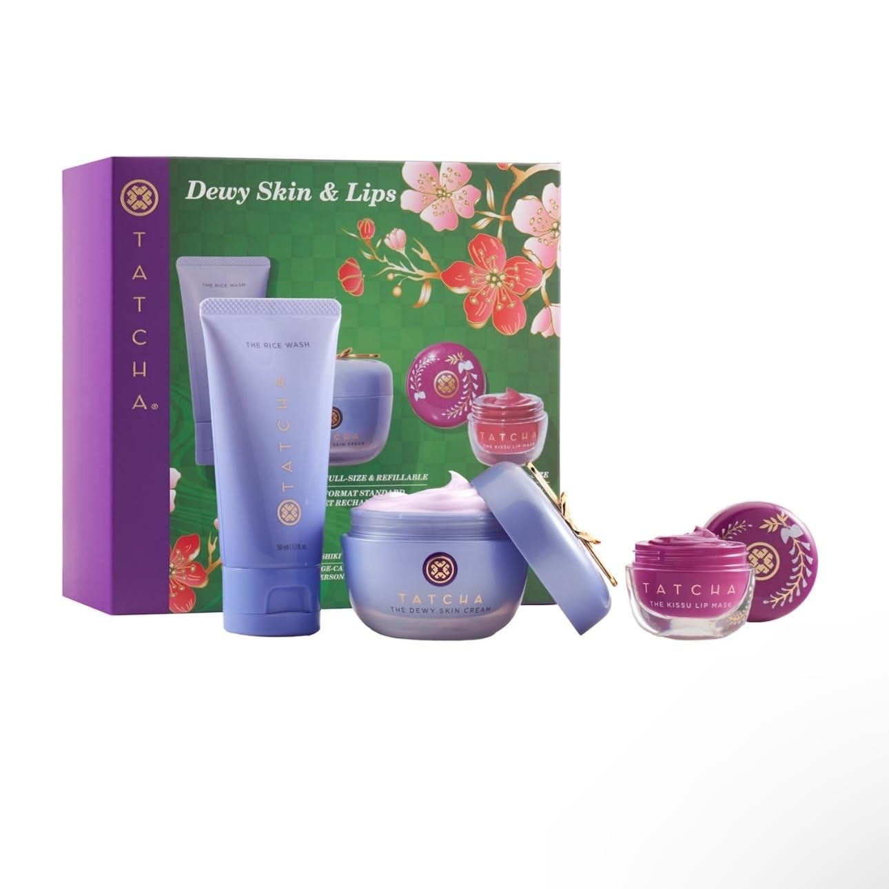 Bộ sản phẩm dưỡng ẩm cho da và môi Tatcha Dewy Skin & Lips Hydrating Ritual, Sữa rửa mặt dạng gạo khi đi du lịch, Kem dưỡng da Dewy Skin cỡ lớn, Mặt nạ môi Wisteria (Trị giá 119 đô la)