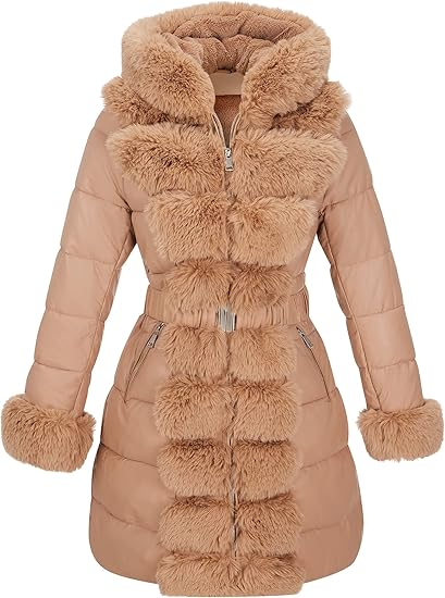 RISISSIDA Puffer Jacket Women Winter Fur Lined Coat with Long Fur Collar Hooded Cold-resistant, Warm Bubble Overcoat