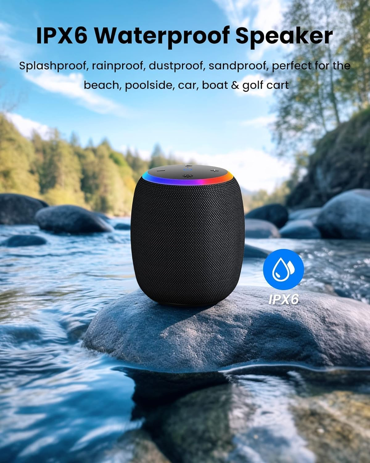Loa Bluetooth, Loa không dây di động Bluetooth 5.3 với Loa tắm chống nước IPX6, Âm thanh nổi 15W với Ghép nối TWS, Đèn LED, Thời gian phát 12 giờ cho Tiệc ngoài trời tại nhà, Bãi biển, Quà tặng điện tử