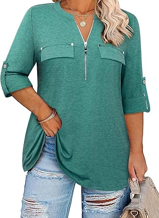 Siddhe Plus Size 3/4 Length Sleeve Womens Tops Zip V-Neck Tunic Tops Business Casual Dressy Blouses 1x-5x