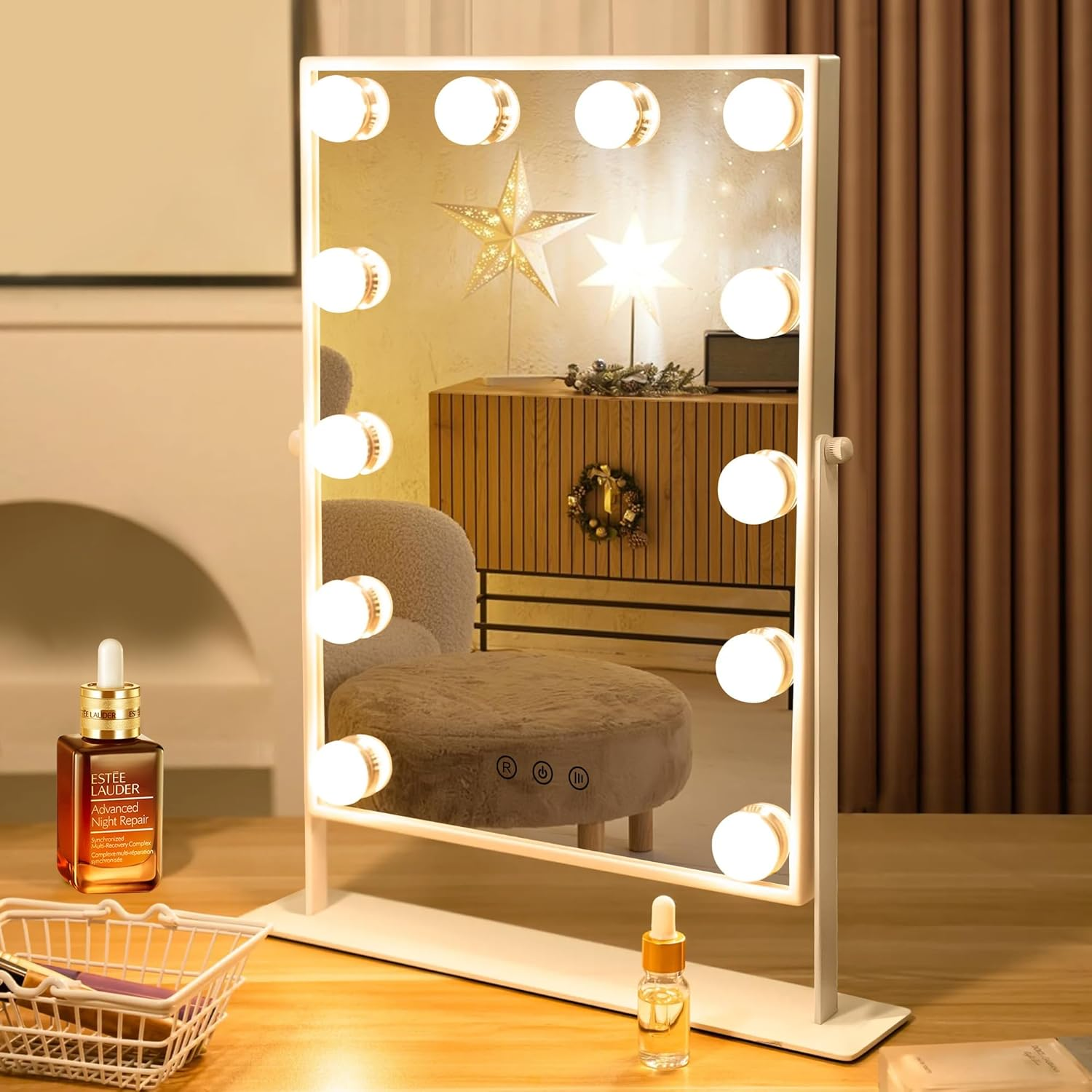 Gương trang điểm có 12 bóng đèn LED, Gương trang điểm xoay 360 độ 14"*18"*4", Gương có đèn với 3 mã đèn và độ sáng có thể điều chỉnh, Khung màu trắng