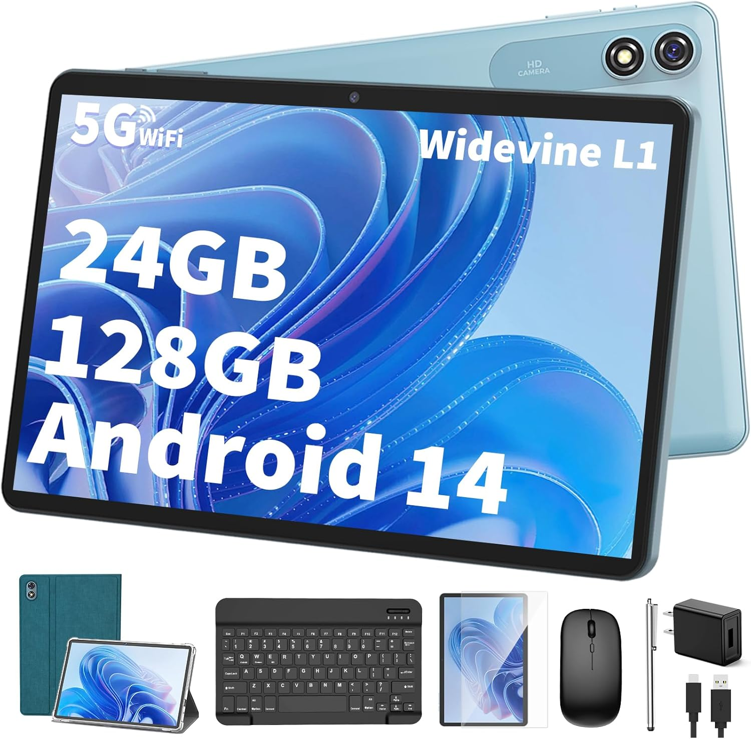 Android Tablet with Keyboard,10 inch Android 14 tablet, 24GB RAM 128GB ROM, 1TB Expand, Octa-Core, Widevine L1, 2.4G/5G WiFi, 8000mAh, Bluetooth, GMS, 2 in 1 Tablet with Case, Mouse, Stylus（Green）