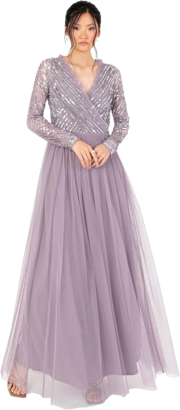 Váy Maxi Maya Deluxe dành cho nữ, Đầm Maxi Cổ Chữ V Tay dài, Vải Tuyn Đính Nơ Trang Trí Cho Khách Dự Tiệc Cưới, Phù Dâu, Váy Dạ Hội