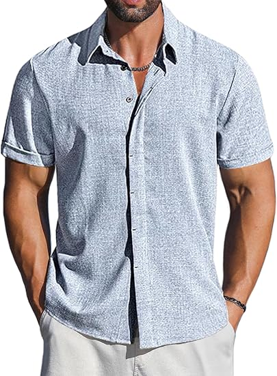 LETSEE Áo sơ mi vải lanh nam tay ngắn cài nút thường ngày cho nam Áo sơ mi đi biển thời trang Quần áo mùa hè