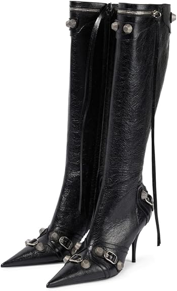 Giày bốt cao đến đầu gối Oiamenne dành cho nữ thời trang mũi nhọn có khóa kéo trượt Giày cao gót đinh tán tua rua Giày dự tiệc