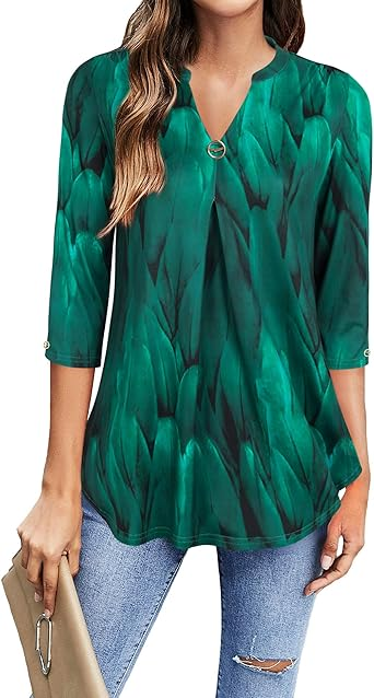Womens Tops 3/4 Sleeve Shirts V Neck Blouses Dressy Casual Tunic Tops M-XXL