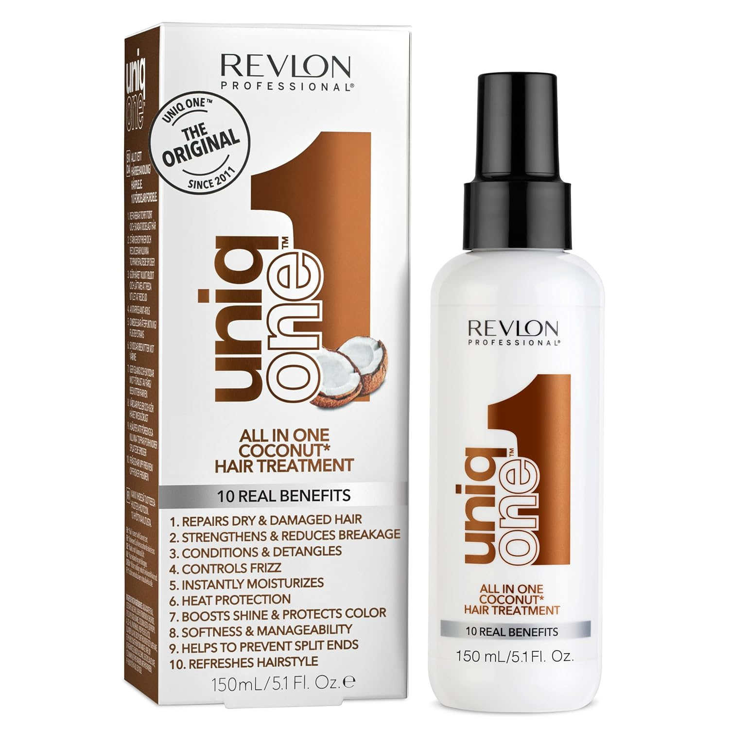 UniqOne Revlon Professional Hair Treatment, Sản phẩm dưỡng ẩm không cần xả, phục hồi tóc khô và hư tổn, thúc đẩy tóc khỏe mạnh, 5,1 Fl Oz (Gói 1)