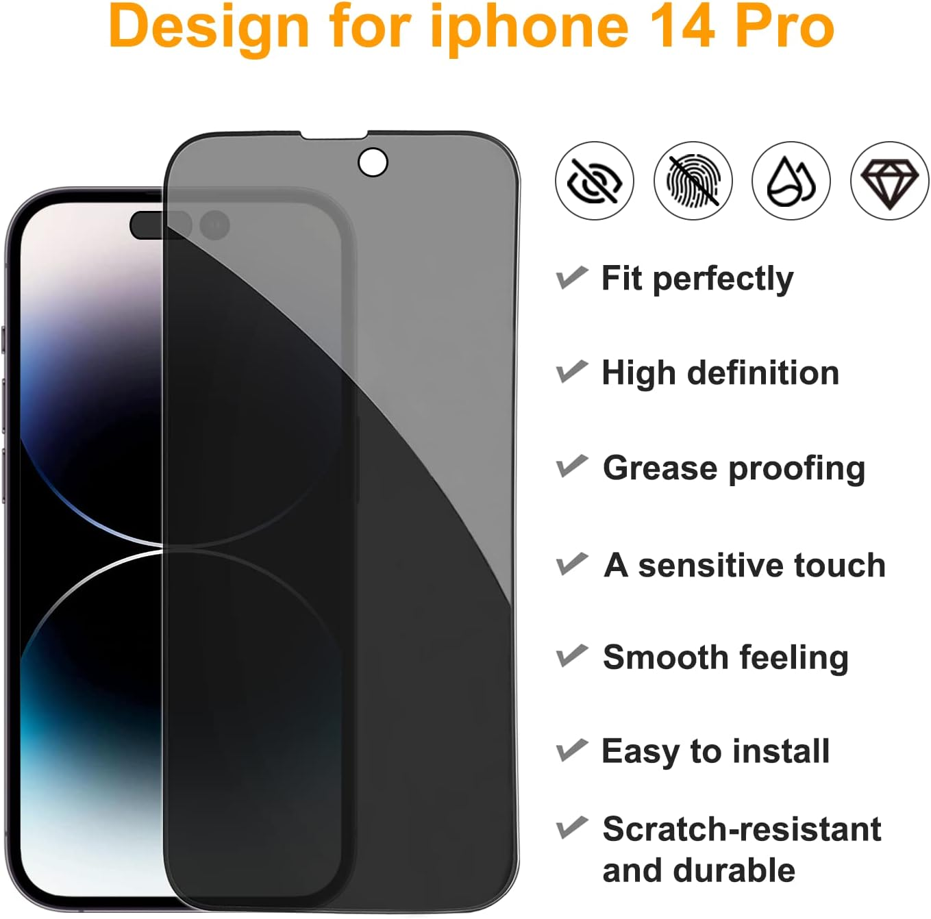 Pehael [2+2Pack] Privacy Screen Protector for iPhone 14 Pro with Camera Lens Protector Full Coverage Anti-Spy Tempered Glass Film 9H Hardness Upgrade Edge Protection Easy Installation Bubble Free [6.1