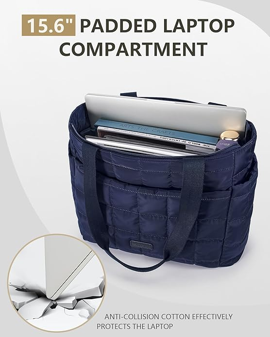 Quilted Puffer Tote Bag for Women,Ultra Lightweight Works Bag with Compartment,Multipocket Shoulder Bag for Travel Gym