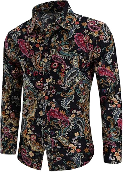QZH.DUAO Mens 70s Disco Linen Shirts Casual Paisley Tops Floral Vintage Long Sleeve Shirt