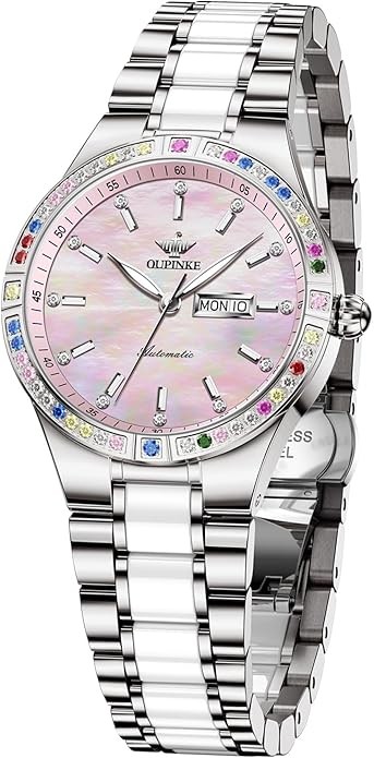 OUPINKE Đồng Hồ Tự Động cho Nữ Kim Cương Đầm Sang Trọng Tự Lên Dây Thép không gỉ Mặt Kính Sapphire Gốm Sứ Nữ Đồng Hồ Đeo Tay