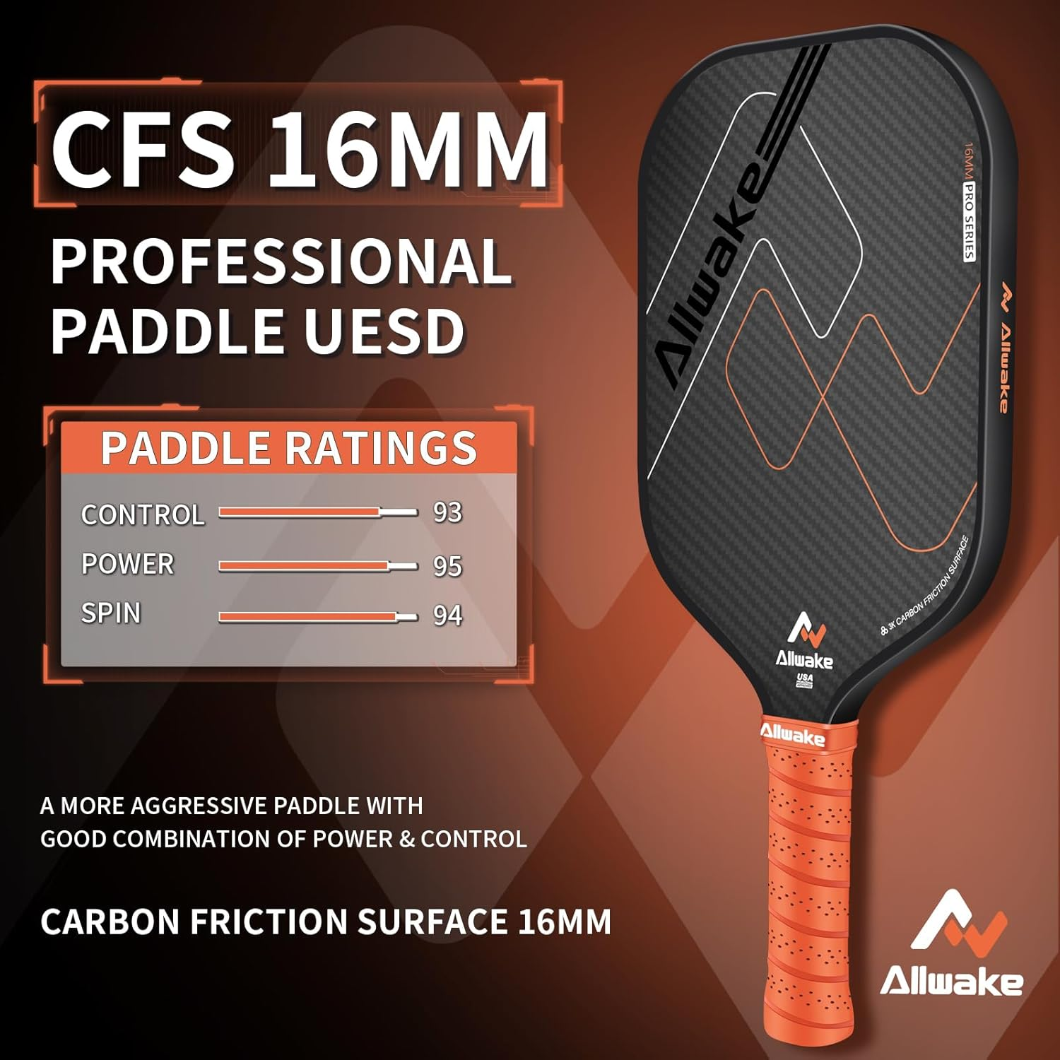 Vợt Pickleball sợi carbon thô 3K, Vợt Pickleball được USAPA chấp thuận về sức mạnh và khả năng kiểm soát, Lõi tổ ong Polypropylene 16mm, Bề mặt nhám carbon có kết cấu, Lý tưởng cho người mới bắt đầu v