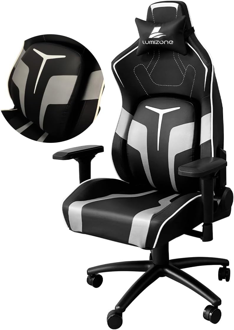 Ghế chơi game hỗ trợ thắt lưng có thể điều chỉnh lumizone với tay vịn 4D, bọt mật độ cao, thiết kế công thái học, chức năng ngả và lắc để có sự thoải mái vượt trội, có sẵn bằng da và vải cotton-lanh