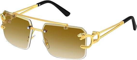 Kính mát không gọng cho nam, kính mát thời trang hình vuông, tròng kính màu, khung kim loại, hình chữ nhật, kính Y2K, UV400