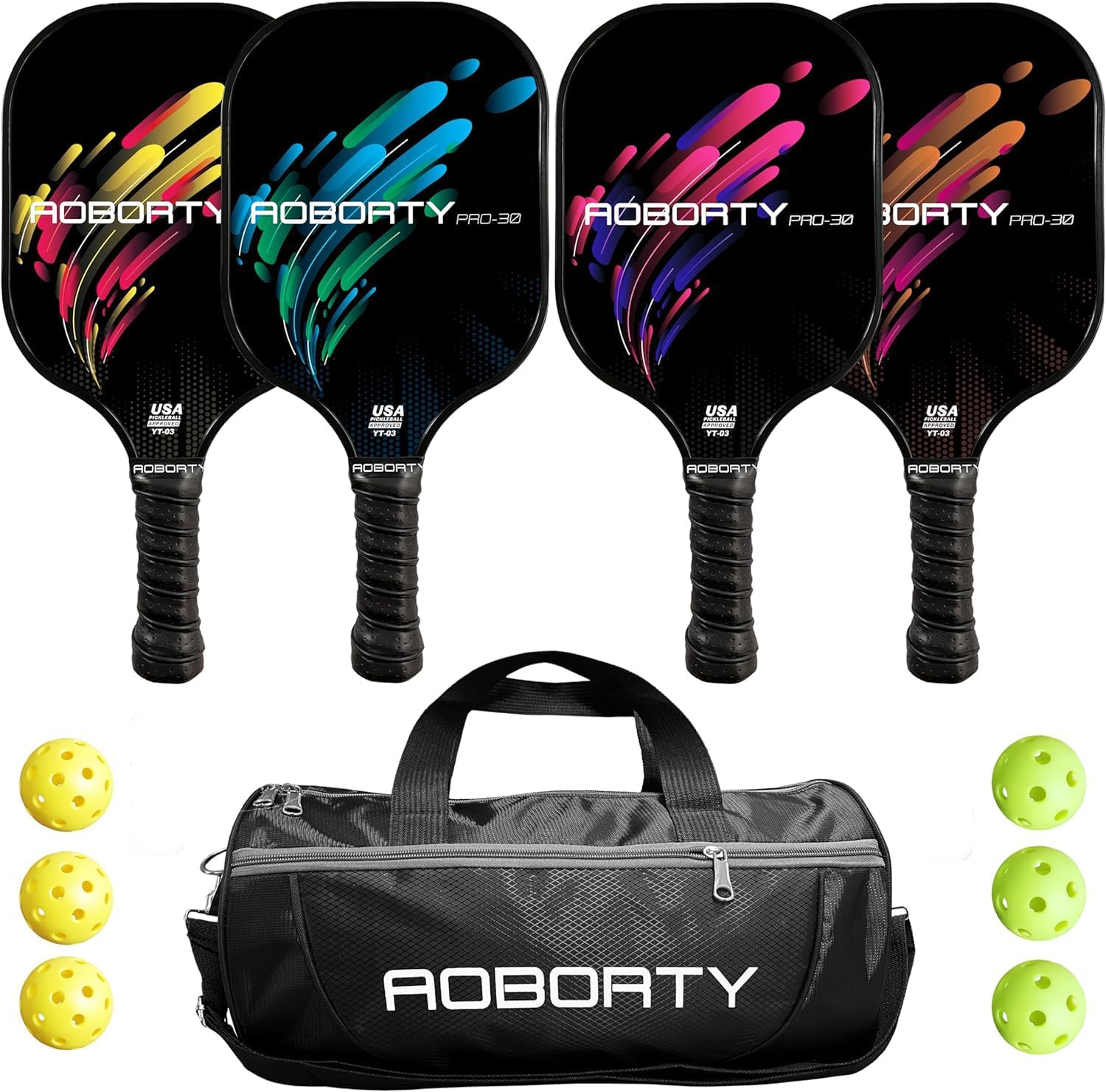 Bộ vợt Pickleball 4 món - Vợt cao cấp USAPA Light Graphite, mặt sợi & lõi tổ ong bằng polymer, bộ Pickleball kèm 6 quả bóng ngoài trời trong nhà, bao gồm túi đựng di động