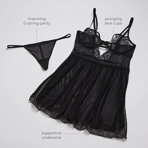 Adore Me Rae Babydoll Dress & G-String Thong - XS-4X Regular & Plus-Size Lace Lingerie Set, Underwire Plunge Bra & Thong