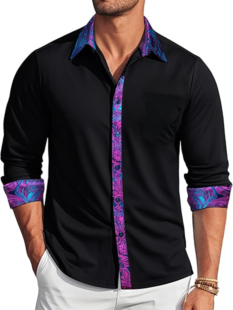 Barry.Wang Mens Business Shirts Long Sleeve Button Down Formal Shirt Collar Cuff Contrast Casual Dress Shirt Party Disco