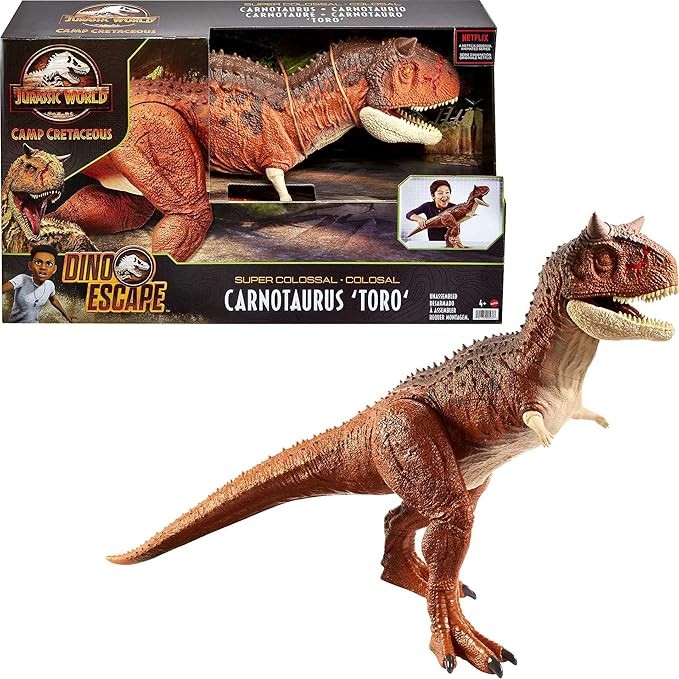 Mattel Jurassic World Hình hành động khủng long khổng lồ Carnotaurus Toro Trại kỷ Phấn trắng với tính năng giải phóng dạ dày, dài 36 inch, điêu khắc chân thực, quà tặng cho trẻ em từ 4 tuổi trở lên