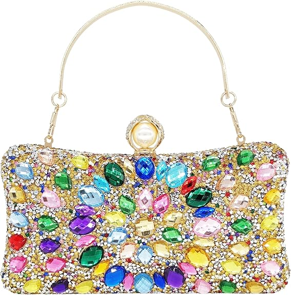 Ví cầm tay đính đá Rhinestone dành cho phụ nữ dự tiệc cưới buổi tối trang trọng - Túi xách có móc cài ngọc trai tròn - Túi kim cương pha lê