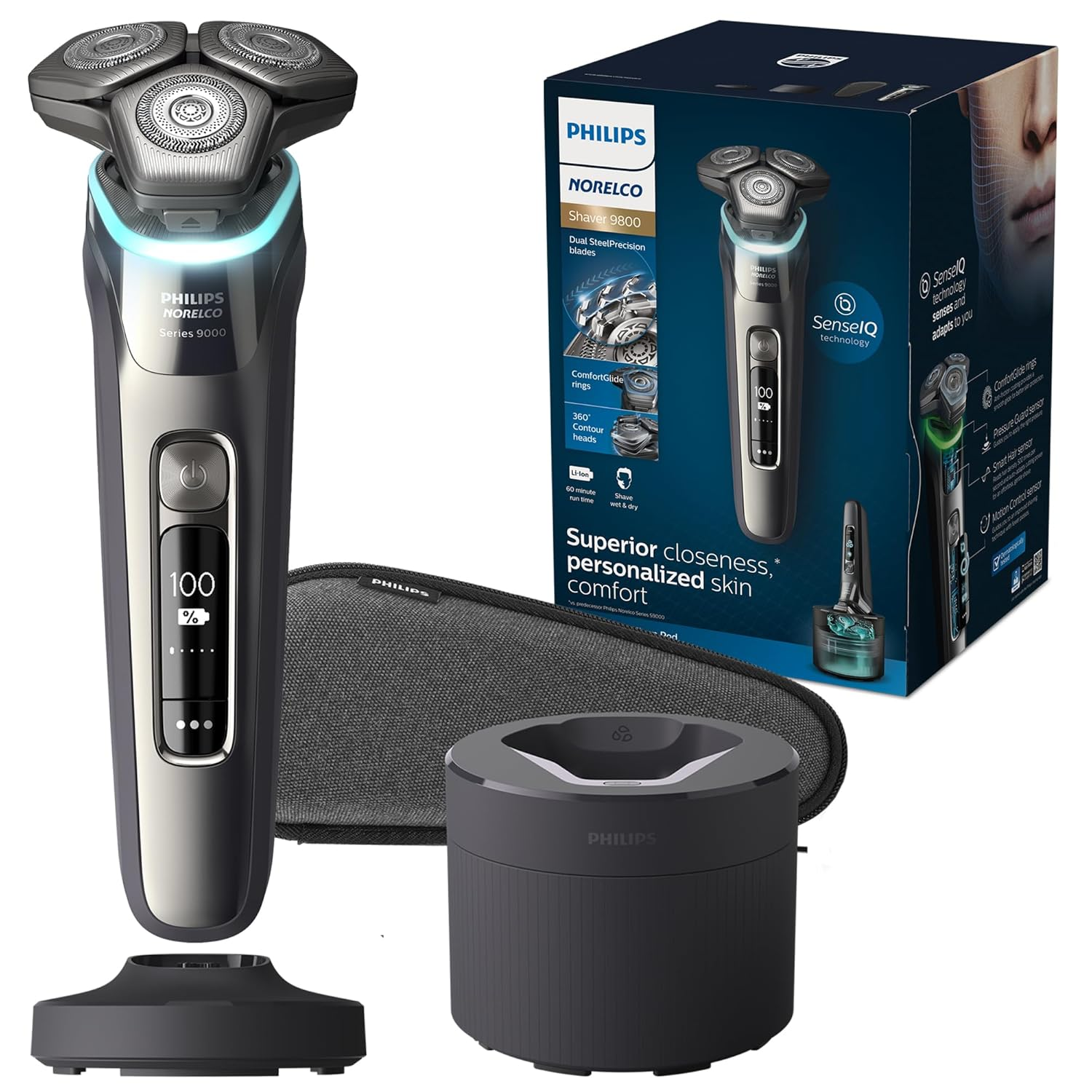 Máy cạo râu Philips Norelco Shaver Series 9000, Máy cạo râu điện ướt và khô, có Hệ thống cạo râu Lift & Cut và Công nghệ SenseIQ, Tông đơ bật lên, Hộp vệ sinh, Đế sạc và Hộp đựng du lịch, Model S9987/