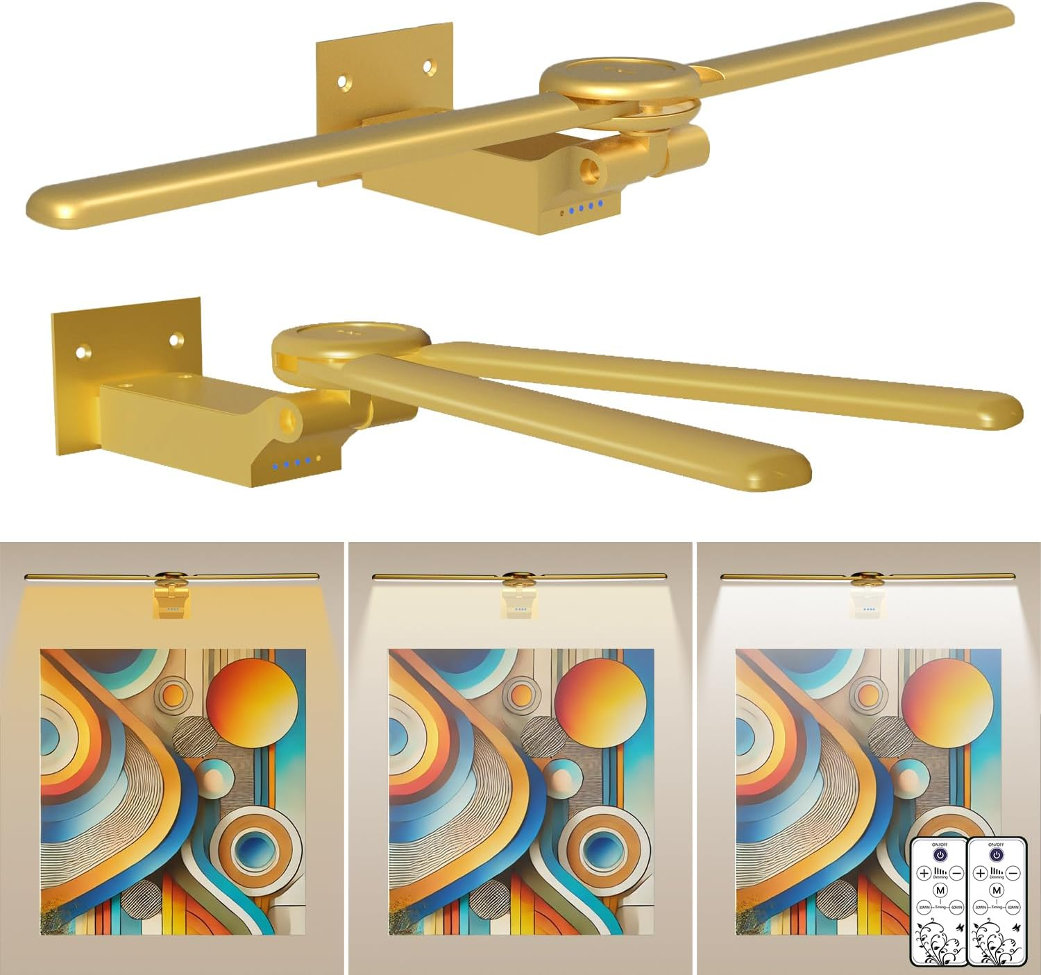 Đèn treo tường, Đèn nghệ thuật treo tường sạc lại 18in có hẹn giờ và có thể điều chỉnh độ sáng, Đèn khung tranh chạy bằng pin cho phòng khách, phòng ngủ, bảng phi tiêu (Vàng)