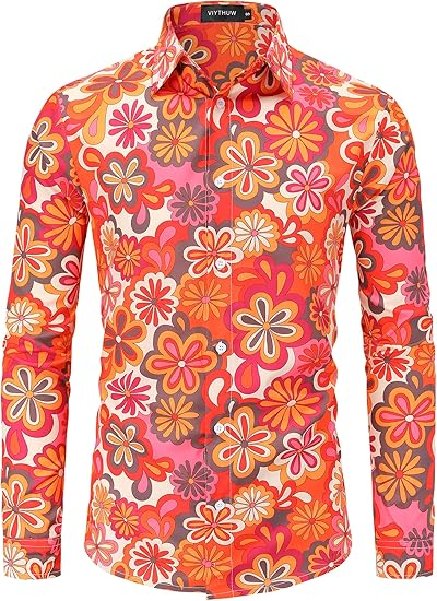 70s Outfits for Men Long Sleeve Casual Button Down 70s Disco Retro Paisley Shirt 70s Floral Vintage Hip Hop Shirts