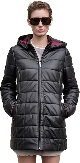 Women's Real Lambskin Leather Puffer Jacket With Hood
