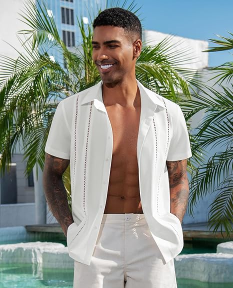 DEMEANOR Áo sơ mi vải lanh Guayabera dành cho nam Áo sơ mi cài nút tay ngắn Áo sơ mi vải lanh bãi biển mùa hè Thường ngày Kỳ nghỉ Hawaii