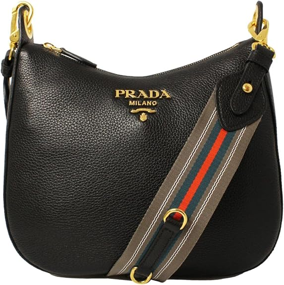 Prada Black Vitello Phenix Leather Web Stripe Strap Crossbody