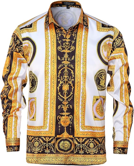 Men Gold Fashion Luxury Printed Satin Long Sleeve Button-Down Shirts Flashy Retro Gorgeous Design Party Gift Shirt