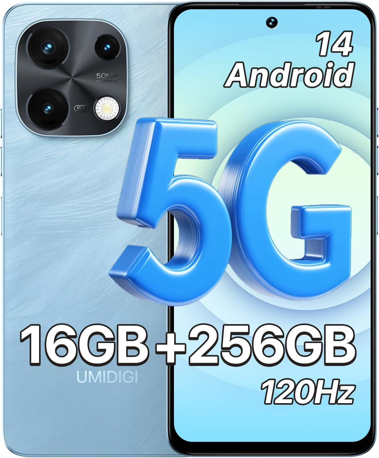 UMIDIGI Note 100 5G Unlocked Cell Phone, 5G Dual SIM Android 14 Phone, 50MP Camera,16(8+8) GB+256GB/TF 1TB Expend Smart Phone, 6.8" HD+120Hz Display, Fingerprint+AI Face Unlock, Dual Mic(Blue)