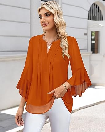 Timeson Women's 3/4 Sleeve Tops Dressy Casual Business Work Blouses Chiffon Office Shirts