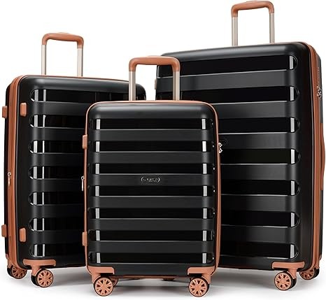 Chất liệu PP Bộ hành lý 3 món có thể mở rộng có bánh xe Spinner, Vali có khóa TSA, Hành lý lớn cho chuyến du lịch gia đình mang theo 20/24/28, Đen & Nâu