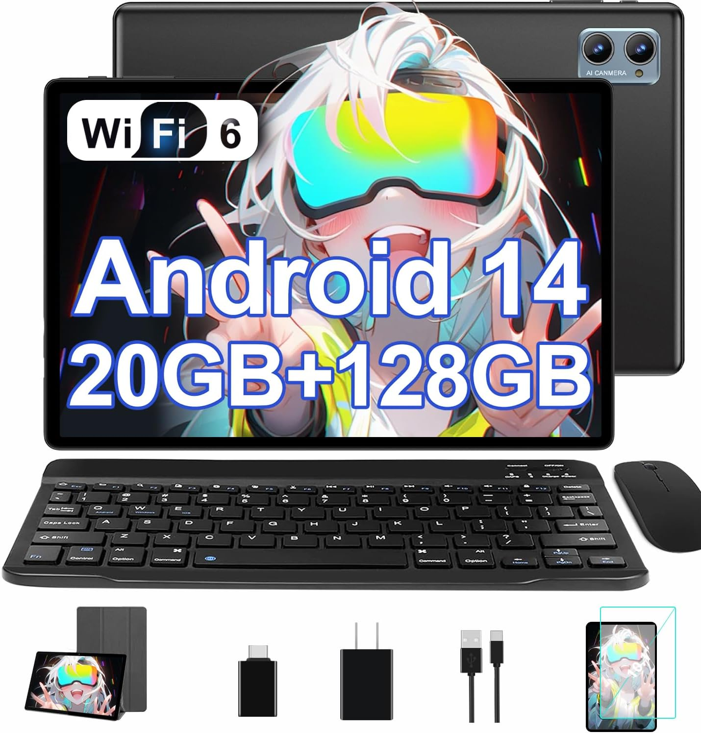 2025 Tablet 10 inch Android 14 Tablets with Keyboard Mouse, 20GB RAM 128GB ROM 1TB Expand 2 in 1 Tablet with Octa-core 6000mAh, HD IPS Display, Widevine L1, 5G WiFi 6, Dual Camera, GMS (Black)