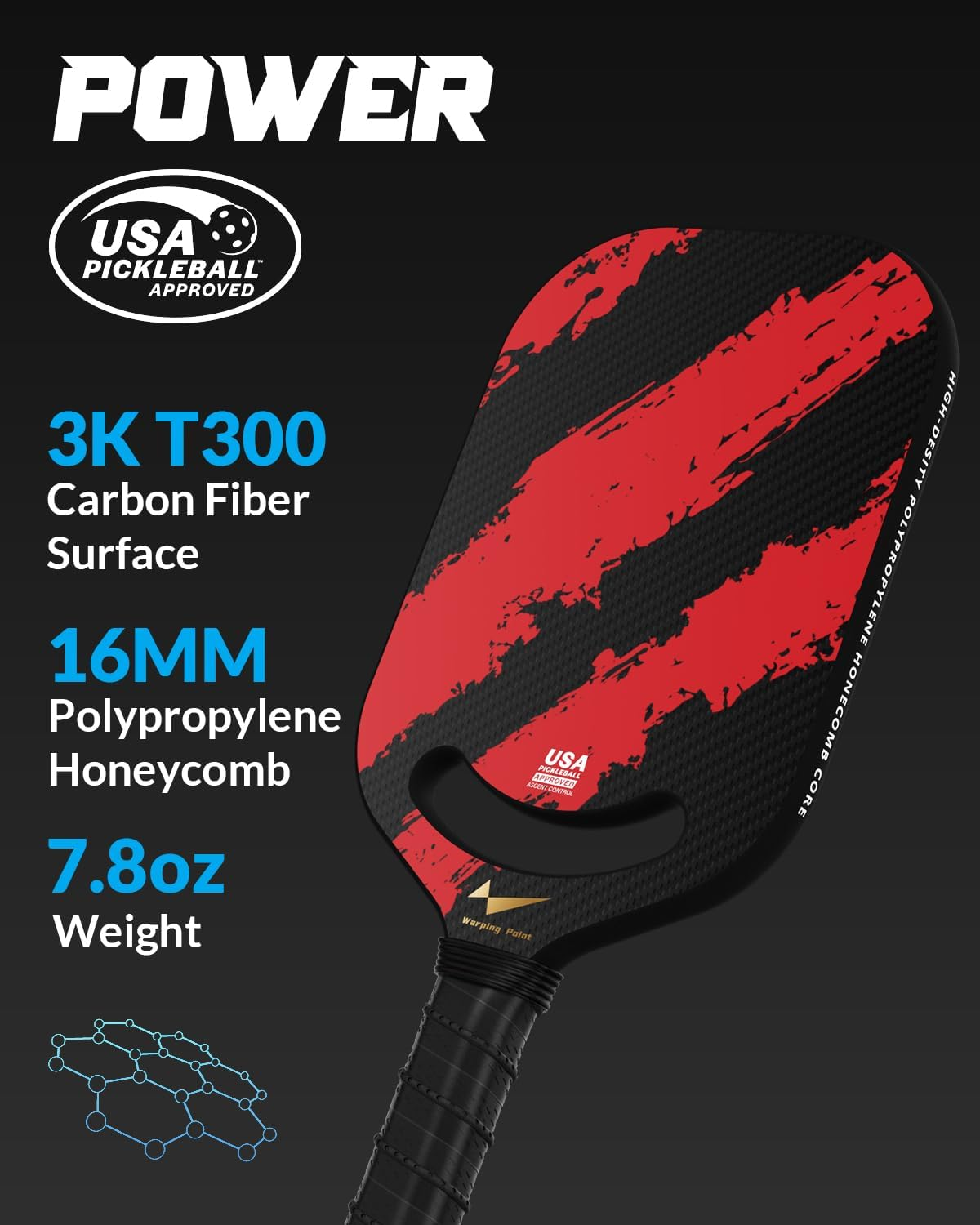 Warping Point Ascent Pickleball Paddles| Carbon Fiber Pickleball Racket with Aero Throat | Textured Grit Surface | Hexa Polymer Core | Designed for Swing Speed and Maneuverability