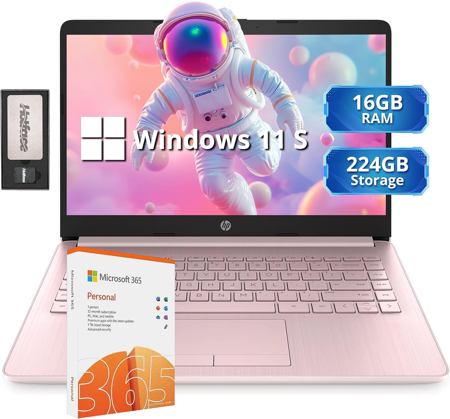 HP Stream 14" HD Lightweight Laptop, Intel Celeron N4120, 16GB RAM, 224GB Storage(64GB eMMC + 160GB Docking Station), Intel UHD Graphics, HD Webcam, 1 Year Office 365, WiFi, Bluetooth, Win 11s, Pink