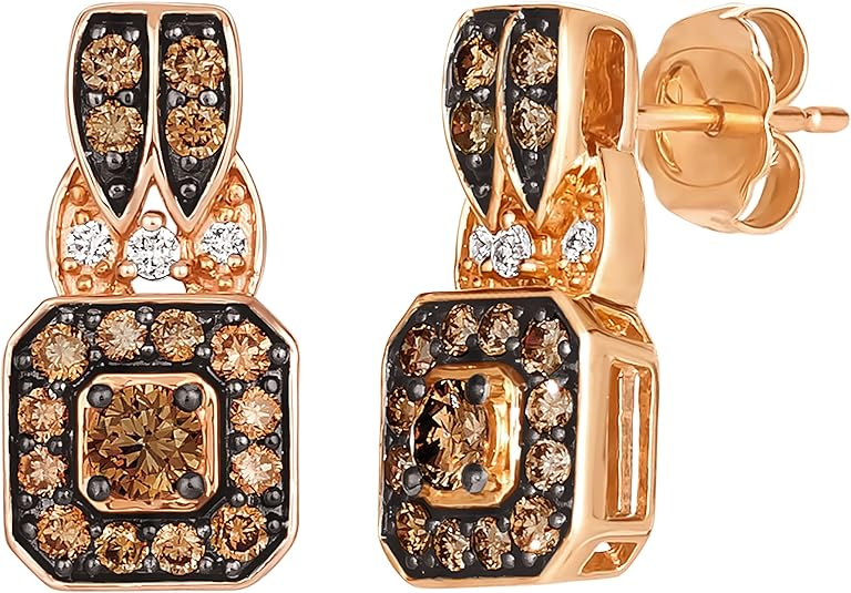 Hoa tai thả kim cương trắng và nâu 3/4 carat LE VIAN dành cho nữ bằng vàng hồng 14k (VS2-SI1, cttw) Hoa tai thả vuông có chốt đẩy