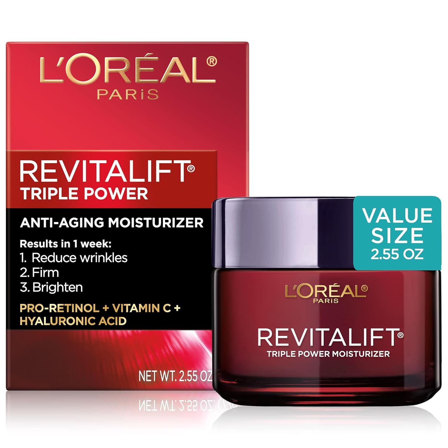Kem dưỡng ẩm chống lão hóa L'Oreal Paris Revitalift Triple Power, Pro Retinol, Hyaluronic Acid & Vitamin C, Giảm nếp nhăn 2,55 Oz