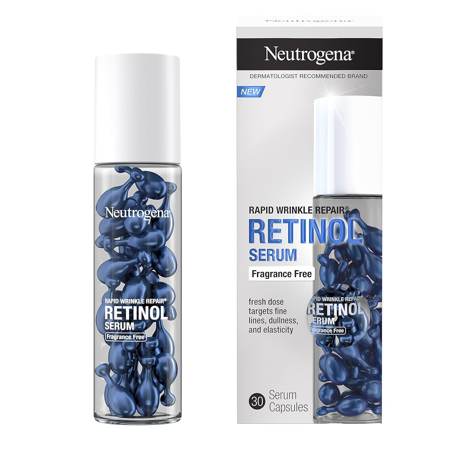 Viên nang huyết thanh dưỡng da mặt Neutrogena Rapid Wrinkle Repair Retinol, không mùi hương, dùng hàng ngày giúp chống lại nếp nhăn, vết chân chim, tình trạng xỉn màu, không chứa cồn và không nhờn, 30
