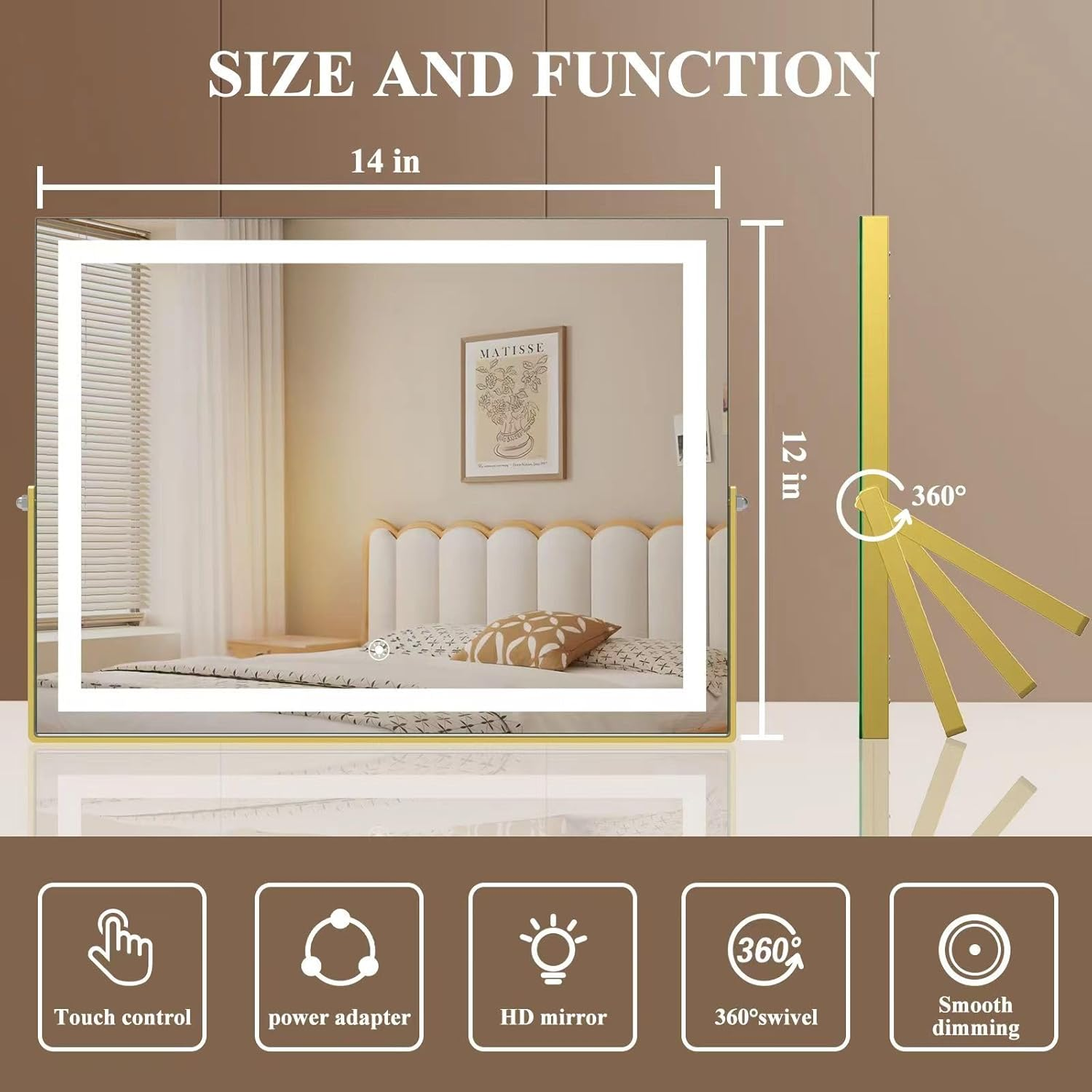 Ligheted Vanity Mirror with Lights, 14" x 12" LED Makeup Mirror, Hollywood Mirror,3 Modes Light, Smart Touch Control Dimmable, 360°Rotation, Rectangle Gold Frame