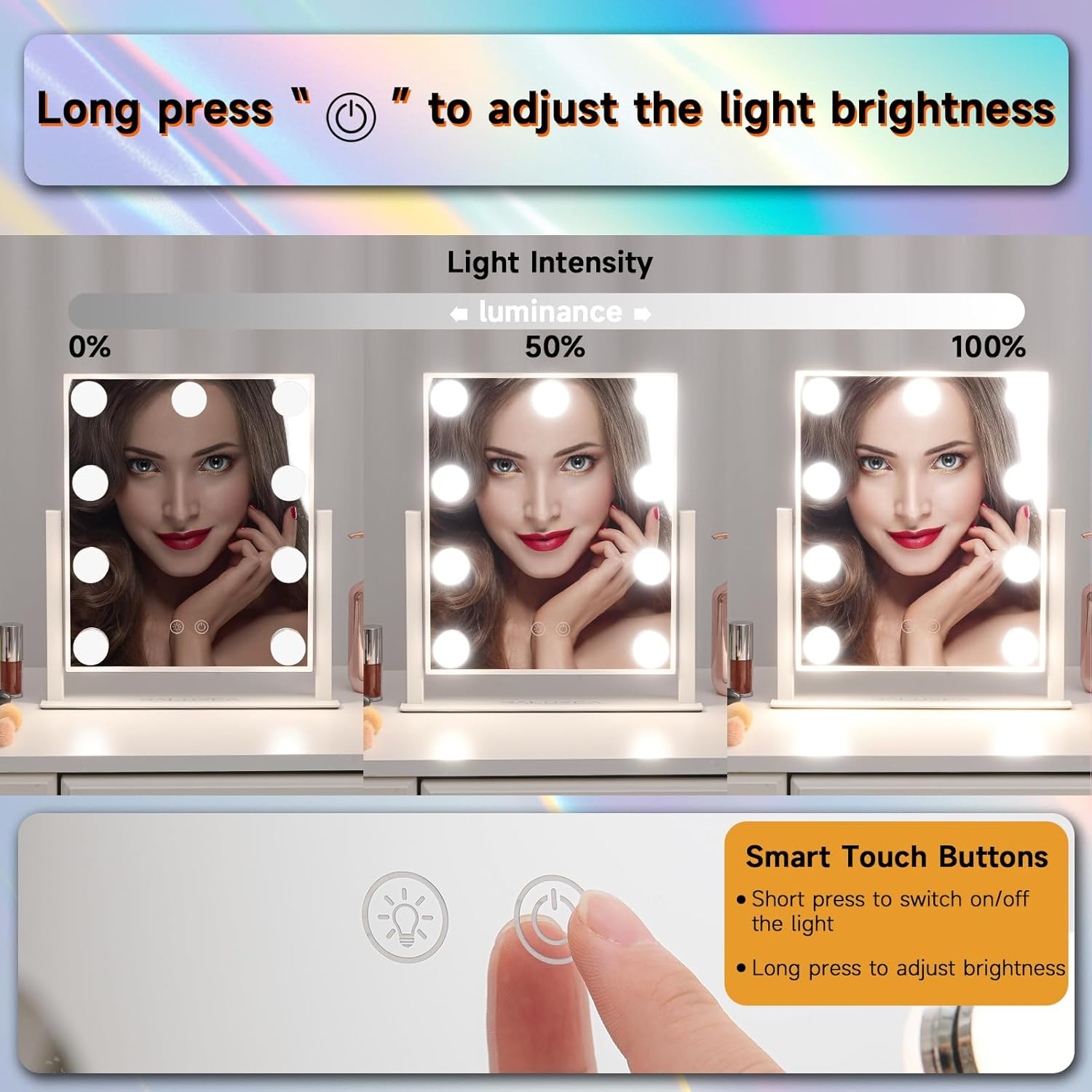 Gương trang điểm có đèn, Gương trang điểm Hollywood có đèn, Điều khiển cảm ứng, 3 chế độ chiếu sáng màu, Có thể điều chỉnh độ sáng, Gương phóng đại 10X có thể tháo rời, Xoay 360°, Quà tặng cho phụ nữ