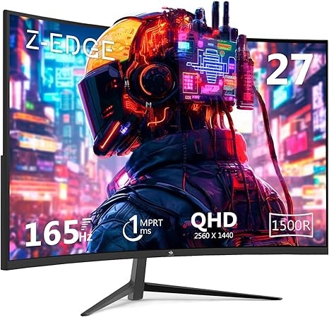 Z-Edge 27-inch Curved Gaming Monitor 16:9 2560x1440 165/144Hz 1ms Frameless LED Gaming Monitor, UG27Q AMD Freesync Premium Display Port HDMI