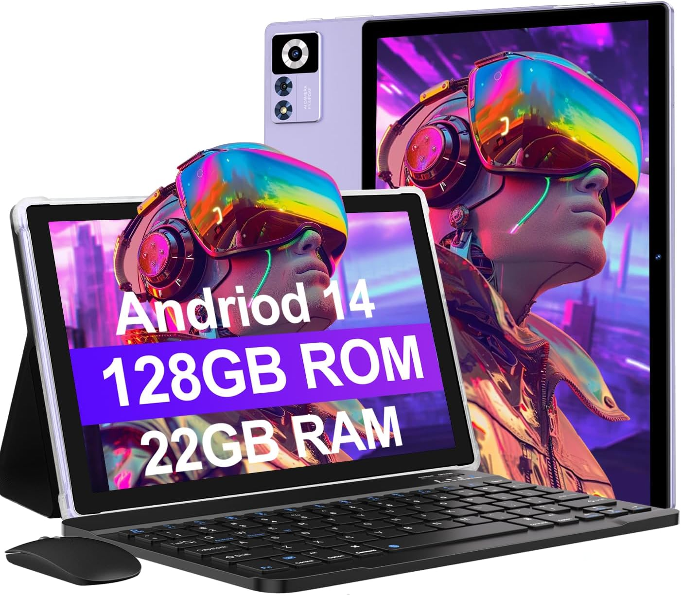2025 Android 14 Tablet 22GB RAM 128GB ROM 1TB Expand, 10.1 inch 8000mAh Octa-Core Tablet with Keyboard & Mouse, HD IPS Display, 5G Wi-Fi, Bluetooth 5.0, GPS, Widevine L1, Split Screen -Metal Purple