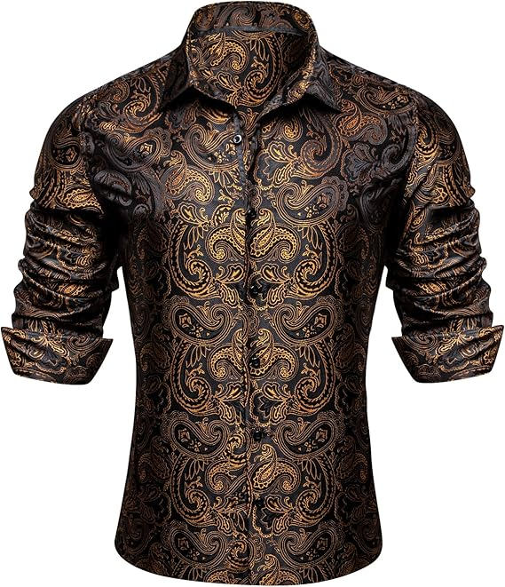 Barry.Wang Mens Western Shirts Silk Paisley Long Sleeve Button Down Dress Shirt Designer Mexico Cowboy Shirt Party Casual