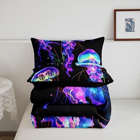 Erosebridal Cartoon Jellyfish Twin Comforter Set Sea Animal Bedding Set, Purple Teal Navy Blue Black Bedding Comforter Sets Cartoon Fish Wildlife Duvet, Ocean Themed Quilted Comforter